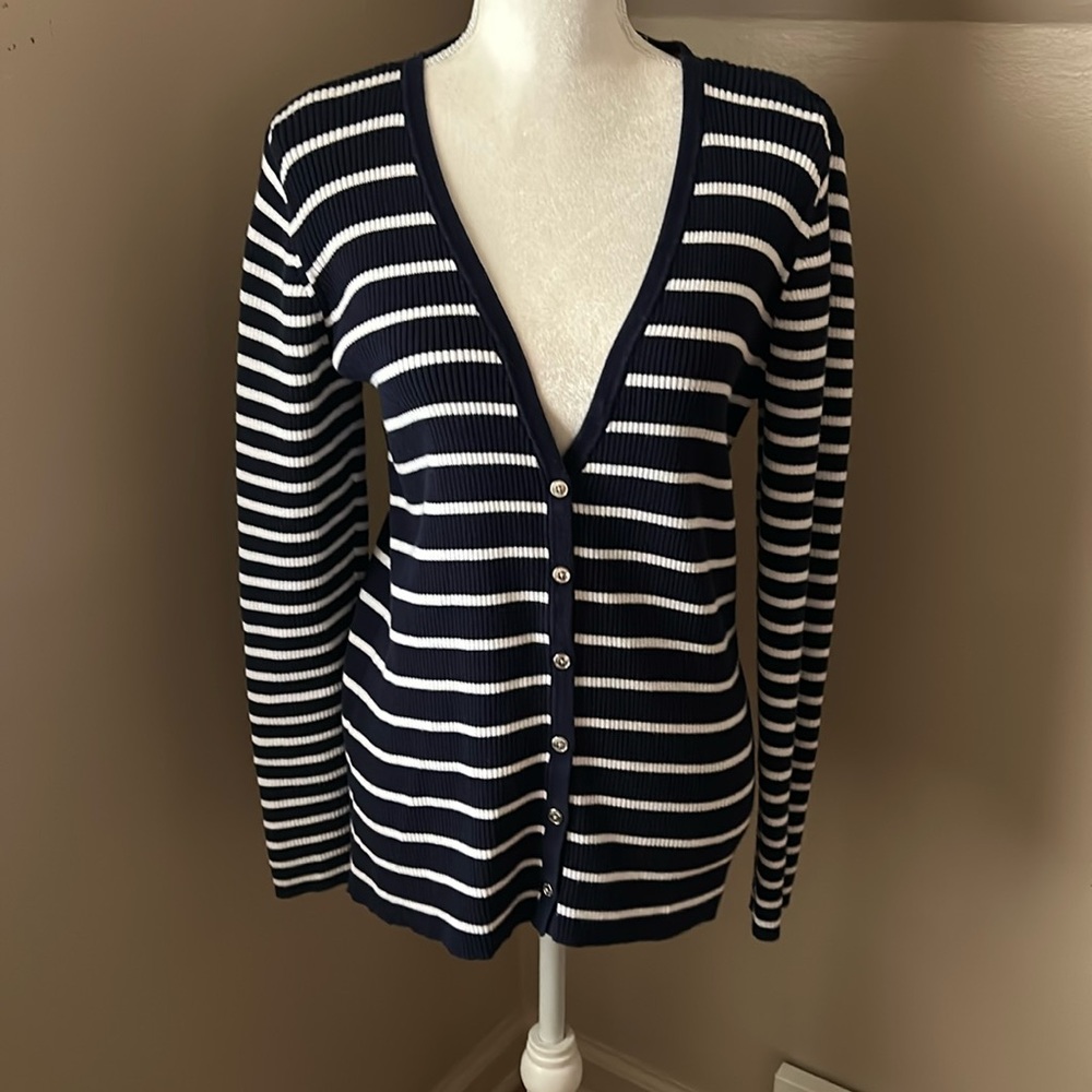 Ralph Lauren V-neck cardigan. Navy / white stripe. Size Large. Capsule wardrobe.
